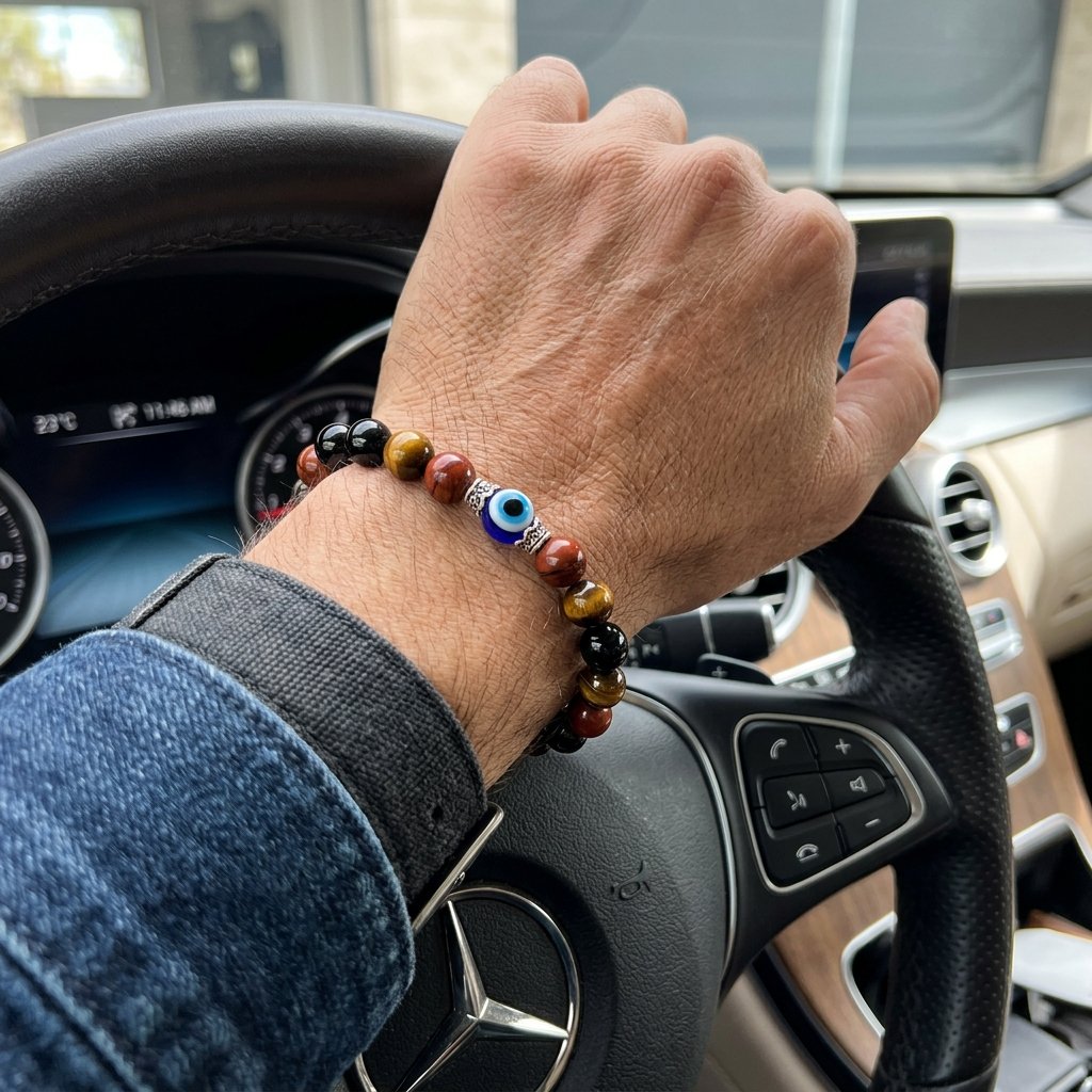 Bracelet on wrist in car